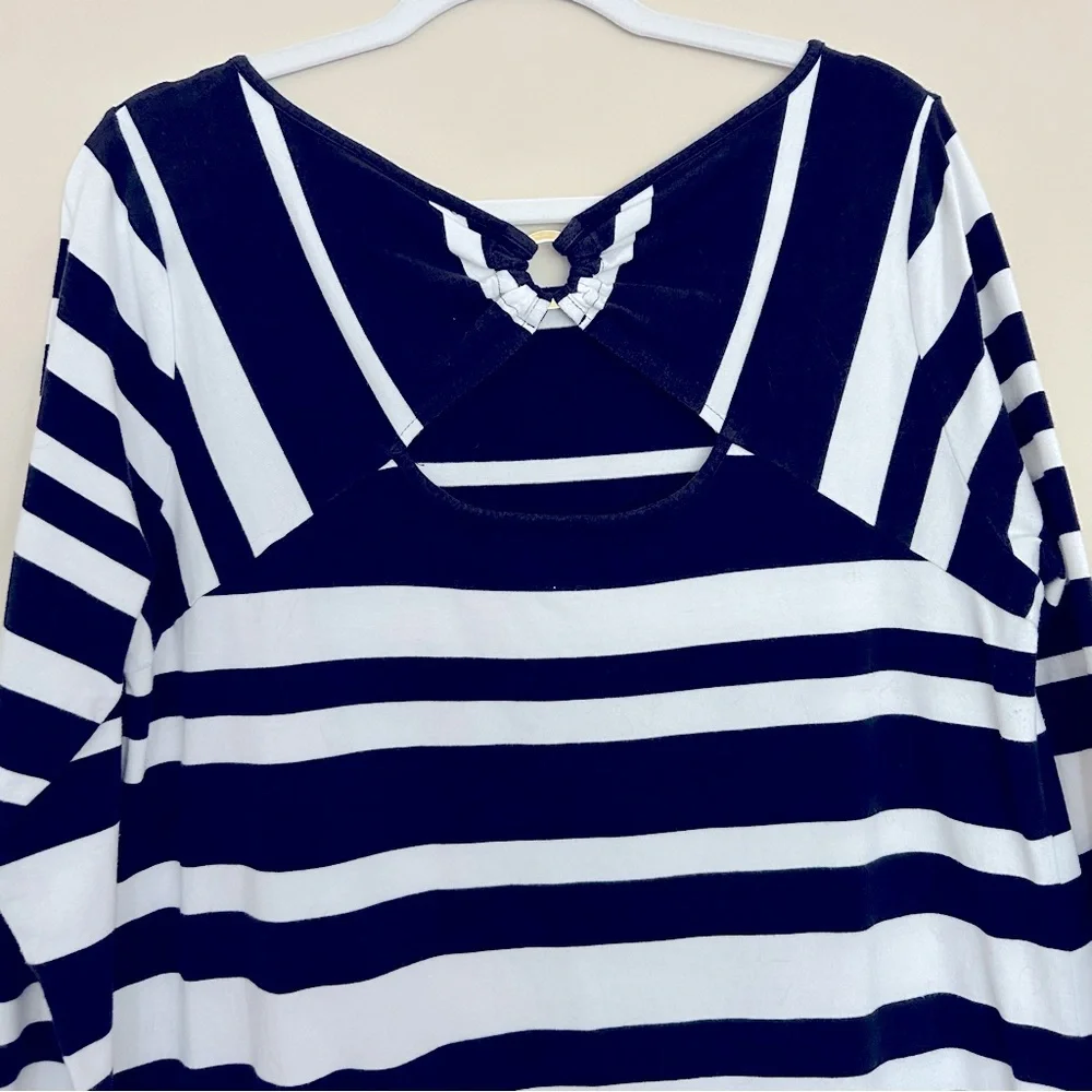 Crown & Ivy Navy Blue and White 3/4 Sleeve Soft Striped Crew Neck Dress - Picture 6 of 7